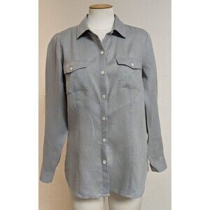 Women's J.JILL Love Linen 100% Linen Light Gray Button-Up Shirt SZ S Petite